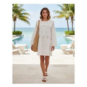 Zara Emroidered Sailor Collared Cotton Mini Dress White Large NWT